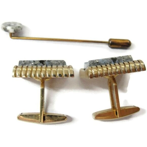 Vintage Blue Marble Gold Tone Vintage Cufflink Set with Stick Pin - Picture 5 of 12